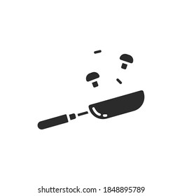 Icono de sartén.  Símbolo de comida frita o asada.  comida cocinada. utensilios de cocina. Utensil inoxidable de los equipos de cocina. Estilo pictograma sólido o glifo. ilustración vectorial. Diseño en fondo blanco. EPS 10