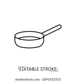 A frying pan icon in a minimalist line style with editable stroke. Kitchen cookware, cooking utensil, household equipment, restaurant food preparation, breakfast meal, hot skillet.