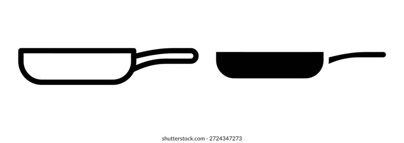 icono de la sartén. sartén con vapor creciente. utensilio de cocina de la sartén. muestra de temas de cocina. herramientas de preparación de cocina, dos sartenes blanco y negro lado a lado,