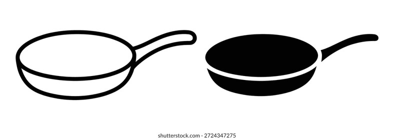 icono de la sartén. sartén con vapor creciente. utensilio de cocina de la sartén. muestra de temas de cocina. herramientas de preparación de cocina, dos sartenes blanco y negro lado a lado,