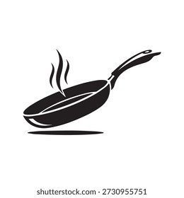 Frying pan icon with steam vector silhouette. Hot cooking skillet logo illustration isolated 