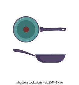 Frying pan icon top and side view. Dishes for cooking, frying food. Kitchen utensils and item