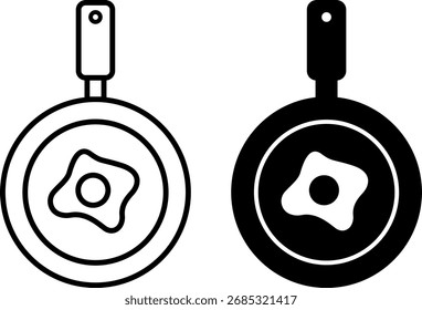 Frying Pan Icons. Black and White Vector Illustrations. Fried Egg on a Frying Pan. Cookware. Cooking Concept