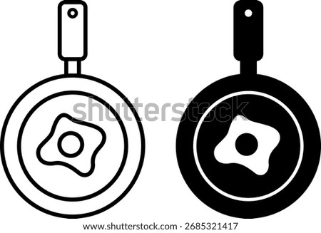 Frying Pan Icons. Black and White Vector Illustrations. Fried Egg on a Frying Pan. Cookware. Cooking Concept