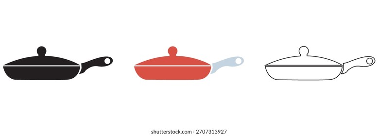 Frying Pan Icons for Kitchen and Cooking. Set of three frying pan icons in different styles, useful for kitchen graphics, cooking apps, recipes, and food-related design projects.
