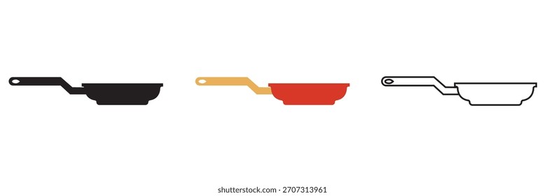 Bratpfanne Icons für Küche und Kochen. Set von drei Bratpfannen-Icons in verschiedenen Stilen, nützlich für Küchengrafiken, Koch-Apps, Rezepte und lebensmittelbezogene Designprojekte.
