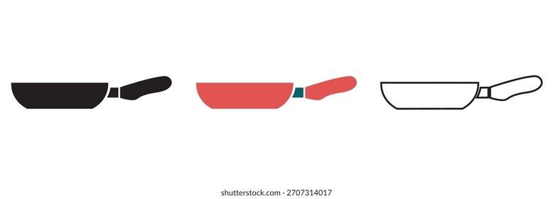 Bratpfanne Icons für Küche und Kochen. Set von drei Bratpfannen-Icons in verschiedenen Stilen, nützlich für Küchengrafiken, Koch-Apps, Rezepte und lebensmittelbezogene Designprojekte.
