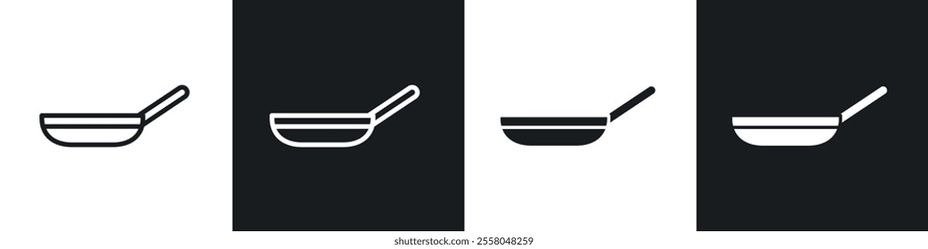 Frying pan icons pack in black and white filled and outlined versions.