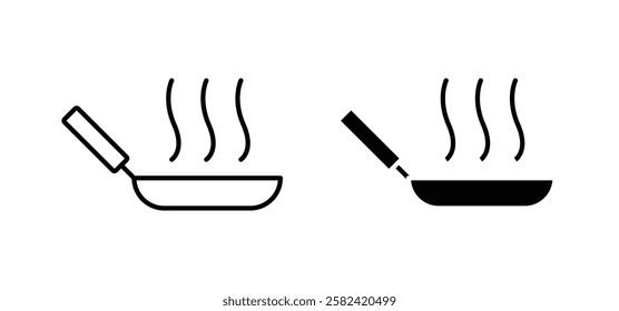 Frying pan icons pack vectors in black flat and strokes