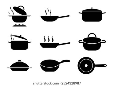  conjunto de ícones de frigideira. Cozinhar , conjunto de utensílios de cozinha ícones. logotipo de comida assando isolado no fundo branco.