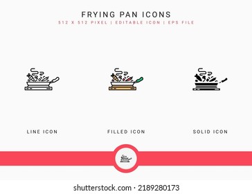 Frying pan icons set vector illustration with solid icon line style. Kitchen utensils concept. Editable stroke icon on isolated background for web design, user interface, and mobile application