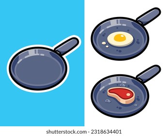 Frying pan illustrations with egg as well as steak.