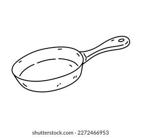 Frying pan isolated on white background. Kitchen utensils. Vector hand-drawn doodle illustration. Perfect for decorations, logo, various designs.