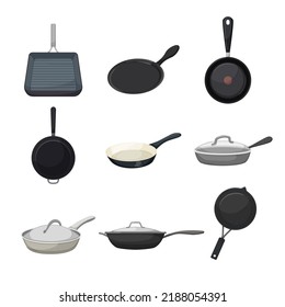 frying pan kitchen set cartoon. fry food, black cooking skillet, cook iron, chef handle empty frying pan kitchen vector illustration