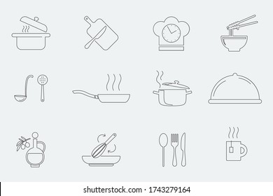 Frying pan and Kitchen utensils. Fork, spoon and knife line icons. Editable stroke