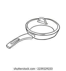 Frying pan with lid drawn by hand. Vector illustration of skillet in sketch style.