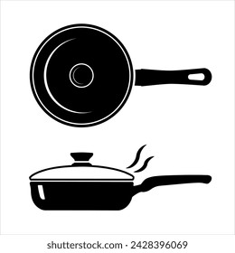 Sartén con tapa. Sartén con asa superior y vista lateral. Platos para cocinar, freír alimentos. Utensilios de cocina iconos. Imagen aislada de la sartén vacía del vector