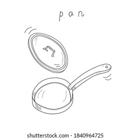 Frying pan with a pan lid in motion cartoon sketch. Kitchenware eccentric doodle vector hand drawn illustration