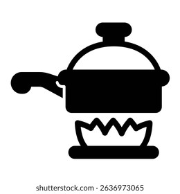 Frying pan with lid on fire solid icon, culinary concept. Vector graphics. Cooking pan heating sign on white background, style mobile or design