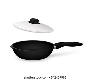 Frying pan with a lid on a white background. Vector illustration.