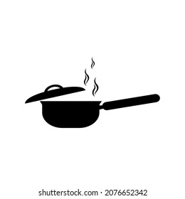 A frying pan with a lid and steam is black on a white background. Vector image.