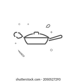 La sartén frita con una tapa, el vapor está saliendo de un simple icono de línea vectorial. Cartel relacionado con la cocina aislado en fondo blanco. Trazo editable. Ajustar el peso de la línea.