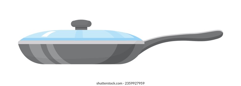 Frying pan with lid vector illustration. Cartoon isolated ceramic or metal black pot with glass cap for cooking, side view of frypan with handle to cook gourmet deep roast on stove or oven fire