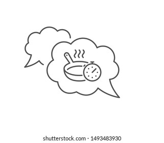 Frying pan line icon. Chat bubble design. Cooking timer sign. Food preparation symbol. Outline concept. Thin line frying pan icon. Vector