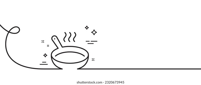 Frying pan line icon. Continuous one line with curl. Cooking sign. Food preparation symbol. Frying pan single outline ribbon. Loop curve pattern. Vector