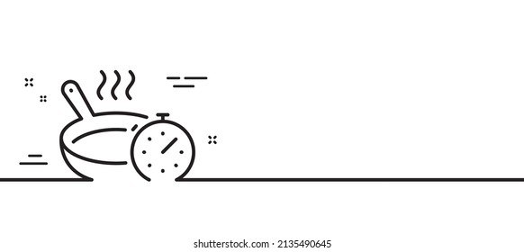 Icono de línea de sartén. Signo del temporizador de cocina. Símbolo de preparación de alimentos. Fondo mínimo de la ilustración de línea. Frying pan line icon Pattern banner. Concepto de plantilla web blanca. Vector