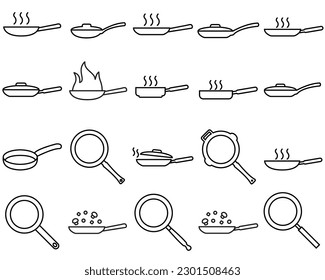 Frying pan line set icon, cooking food logo vector