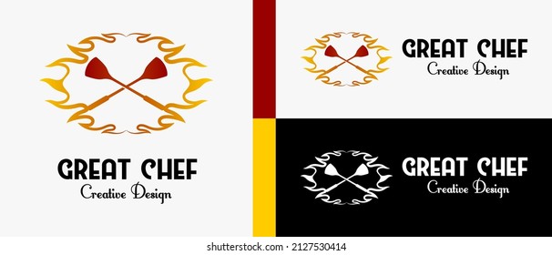frying pan logo design template and fire icon in creative concept. premium vector logo illustration