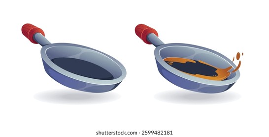Frying pan with melted butter or oil isolated. Kitchen utensils for cooking food. Oil and pan cooking step by step cartoon picture instructions vector 
