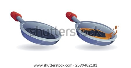 Frying pan with melted butter or oil isolated. Kitchen utensils for cooking food. Oil and pan cooking step by step cartoon picture instructions vector 