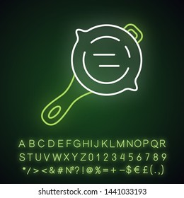 Frying pan neon light icon. Virtual game kitchenware. Food preparation, cooking inventory. Computer game player equipment, tool. Glowing alphabet, numbers and symbols. Vector isolated illustration
