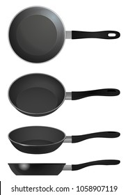 Frying pan with non-stick coating and black plastic handle on white background, top view, side view and inclined