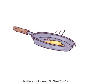 Frying pan with oil in hand drawn doodle style, vector illustration isolated on white background. Kitchen utensil for cooking food on heat.