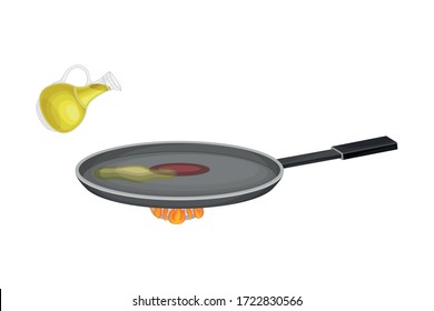 Frying Pan on Burner with Heating Oil for Pancake Cooking Vector Illustration