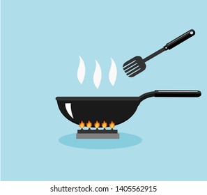 Frying pan on fire with smoke and cooking spoon  isolated on a blue background. Vector illustration.