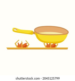 Frying pan on fire. Vector illustration in flat style