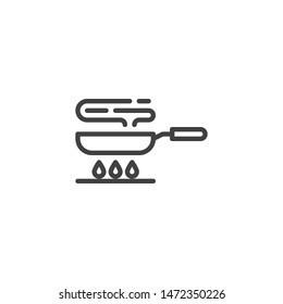 Frying pan on gas stove line icon. Cooking process linear style sign for mobile concept and web design. Frying on fire outline vector icon. Symbol, logo illustration. Vector graphics