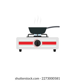 frying pan on gas stove flat design vector illustration isolated on white background. Vector illustration of kitchen utensils in cartoon simple flat style.