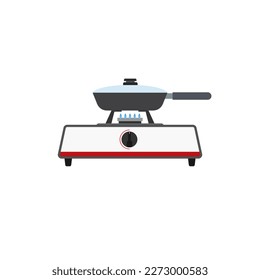 sartén frita en estufa de gas ilustración vectorial de diseño plano aislada en fondo blanco. Ilustración vectorial de los utensilios de cocina en caricatura simple de estilo plano.