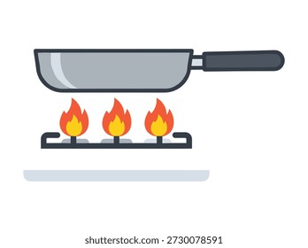 Frying pan on gas stove with flames burning under it