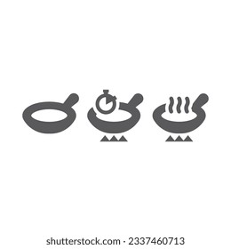 Sartén frita en estufa, iconos vectoriales en tiempo de cocina. Zona caliente, preparando conjunto de iconos de pie.