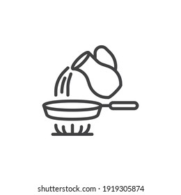 Frying pan on stove line icon. linear style sign for mobile concept and web design. Pouring water into frying pan outline vector icon. Symbol, logo illustration. Vector graphics
