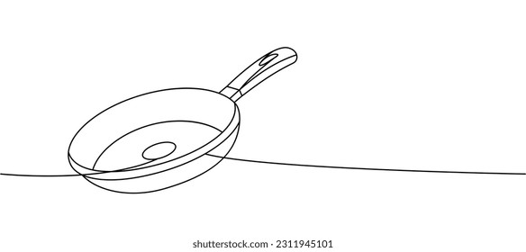 Frying pan one line continuous drawing. Kitchen tools continuous one line illustration. Vector minimalist linear illustration.