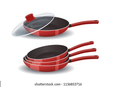 A frying pan with an open lid and pile of frypans, vector icon