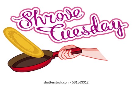 Frying pan with a pancake. Picture with artistic written sign "Shrove Tuesday". Vector clip art.