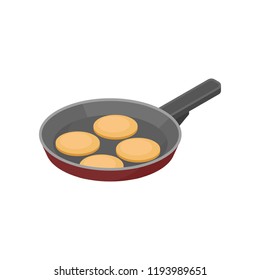 Frying pan with pancakes. Tasty snack for breakfast. Morning eating. Isometric vector icon for recipe book